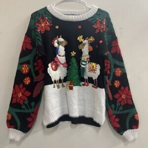 Holiday Time Llamas Ugly Christmas Sweater Embellished Black White Small 4-6